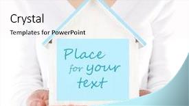  Presentation with white house - Beautiful PPT theme featuring property tax - small wooden house in hands backdrop and a sky blue colored foreground