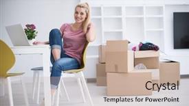  Presentation with beautiful young woman getting face - Slide set having property website - beautiful young woman moving background and a  colored foreground