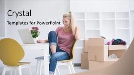  Presentation with laptop computers around the world - Presentation theme enhanced with property website - beautiful young woman moving background and a  colored foreground