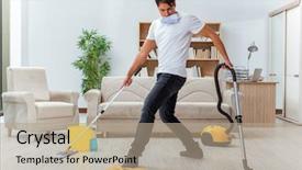  Presentation with helping man - Colorful slide set enhanced with propret - man husband cleaning the house backdrop and a coral colored foreground