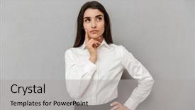  Presentation with office - Slide deck consisting of pros cons - portrait of young office woman background and a light gray colored foreground