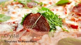  Presentation with pizzeria - Theme with prosciutto-funghi-pizza-on-wooden background and a coral colored foreground