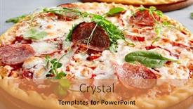  Presentation with pizzeria - Colorful PPT theme enhanced with prosciutto-funghi-pizza-on-wooden backdrop and a gold colored foreground