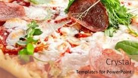  Presentation with pizzeria - PPT theme with prosciutto-funghi-pizza-on-wooden background and a coral colored foreground