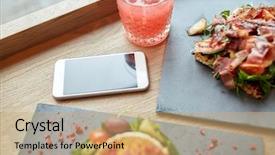  Presentation with food technology - Presentation design consisting of prosciutto ham salads on stone background and a  colored foreground