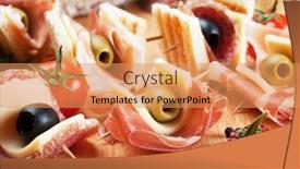  Presentation with appetizer - PPT layouts with prosciutto salami cheese and olive canape appetizer on wooden board background and a coral colored foreground