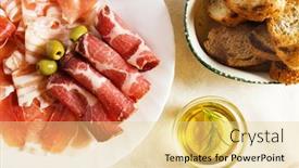  Presentation with appetizer - Colorful presentation theme enhanced with prosciutto with bacon and olives traditional italian appetizer backdrop and a blonde colored foreground