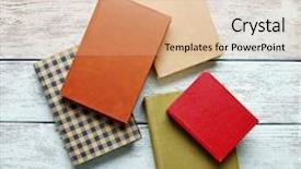  Presentation with pile - Colorful PPT layouts enhanced with prosesor - pile of books on wooden backdrop and a coral colored foreground