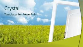  Presentation with world - Audience pleasing theme consisting of door to the new world backdrop and a sky blue colored foreground