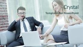  Presentation with managing information - Beautiful PPT theme featuring prospects - manager and client browsing information backdrop and a sky blue colored foreground