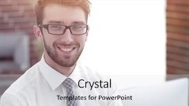  Presentation with education employee benefits - Colorful PPT theme enhanced with prospects - portrait of a prospective employee backdrop and a sky blue colored foreground