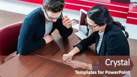  Presentation with sales - Beautiful slide deck featuring prospectus - customer and sales woman backdrop and a tawny brown colored foreground