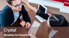  Presentation with sales - Colorful slide deck enhanced with prospectus - customer and sales woman backdrop and a tawny brown colored foreground