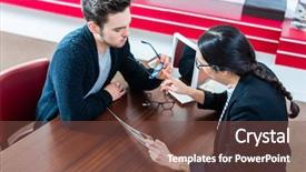  Presentation with sales - Slide set consisting of prospectus - customer and sales woman background and a tawny brown colored foreground