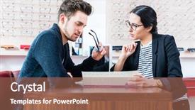  Presentation with sales - Amazing slide set having prospectus - man at optician shop getting backdrop and a violet colored foreground