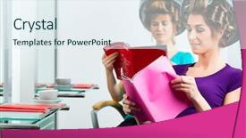  Presentation with reading - Slides enhanced with prospectus - women at the hairdresser reading background and a sky blue colored foreground