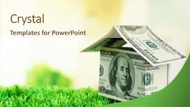 Presentation with green house - Slides with prosperity - money house on green grass background and a cream colored foreground