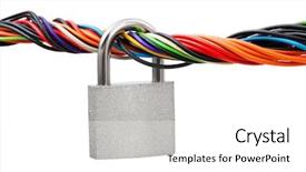  Presentation with computer hacking - Presentation design featuring protect data hacking - computer cable and lock isolated background and a white colored foreground