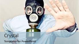  Presentation with nuclear weapons and gas mask - PPT theme having nuclear biohazard - portrait of man with gas background and a  colored foreground