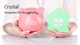  Presentation with piggy bank - Amazing presentation design having protect money - woman holding model of house backdrop and a lemonade colored foreground