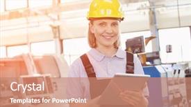  Presentation with digital industry - Amazing PPT layouts having portrait of smiling female worker backdrop and a coral colored foreground