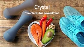  Presentation with food fish - Theme having protecting fish - healthy food and dumbbells background and a coral colored foreground