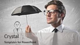  Presentation with umbrella - Presentation theme featuring protection - businessman protecting with a little background and a light gray colored foreground