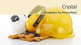  Presentation with construction occupational safety and health - Slides having protection - yellow construction hard hat earphones background and a blonde colored foreground