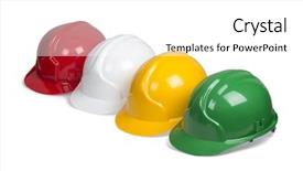  Presentation with clipping - Slide deck having protection helmets isolated over white background and a white colored foreground
