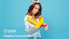  Presentation with rubber gloves - Amazing PPT theme having protection holding two detergent sprayers backdrop and a teal colored foreground