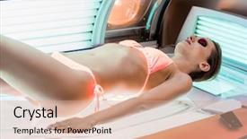  Presentation with wearing swimming goggles and cap - Theme enhanced with protection radiation - beautiful woman wearing protective goggles background and a coral colored foreground