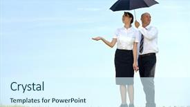  Presentation with plastic bag for umbrella - Cool new slide set with protection woman - businessman and businesswoman under umbrella backdrop and a cool aqua colored foreground