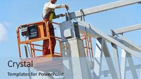  Presentation with metal frames - Theme featuring protective equipment at metal construction background and a light blue colored foreground