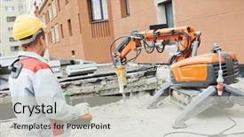 Presentation with construction robot - Amazing PPT theme having protective equipment operating construction demolition backdrop and a light gray colored foreground