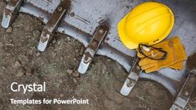  Presentation with bulldozer - PPT theme consisting of protective glasses resting on bulldozer background and a dark gray colored foreground