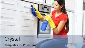  Presentation with kitchen cabinet - Slides featuring protective gloves cleaning kitchen cabinet background and a seafoam green colored foreground