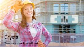  Presentation with construction worker harassment workplace - Slide set with protective goggles at construction site background and a coral colored foreground