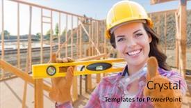  Presentation with safety construction worker in construction - Presentation design consisting of protective goggles at construction site background and a gold colored foreground