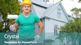  Presentation with building construction - Audience pleasing PPT theme consisting of repair construction people building and maintenance concept - smiling male manual worker in protective helmet holding paiting roller over house background backdrop and a teal colored foreground