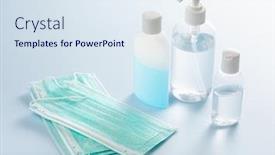  Presentation with medical bacteria - Amazing slide deck having protective-medical-mask-sanitizer-gel backdrop and a sky blue colored foreground