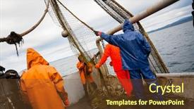  Presentation with fishing boat - Slide deck with protective suits on deck fishing background and a tawny brown colored foreground