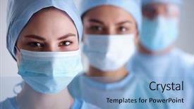  Presentation with man and woman - Audience pleasing theme consisting of protective uniforms caps and mask backdrop and a light blue colored foreground