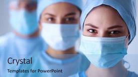  Presentation with medical protective wears - Slide set having protective uniforms caps and mask background and a light blue colored foreground