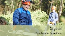  Presentation with chainsaw - Slide set featuring workwear with chainsaw at forest background and a mint green colored foreground