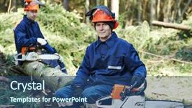  Presentation with chainsaw - PPT theme consisting of portrait of lumberjack logger worker background and a ocean colored foreground
