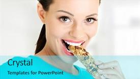  Presentation with energy bar - Colorful presentation design enhanced with energy bars - young woman eating cereal candy backdrop and a cyan colored foreground