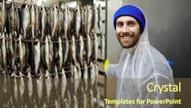  Presentation with factory - Presentation enhanced with protein engineering - young smiling fish factory worker background and a tawny brown colored foreground