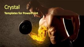  Presentation with weight lifting - Slide set enhanced with protein model - muscular bodybuilder lifting weight background and a  colored foreground