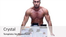  Presentation with sports nutrition - Colorful PPT layouts enhanced with protein model - portrait of a muscular man backdrop and a white colored foreground