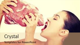  Presentation with raw meat - Cool new slide set with protein model - young beautiful woman eating raw backdrop and a  colored foreground